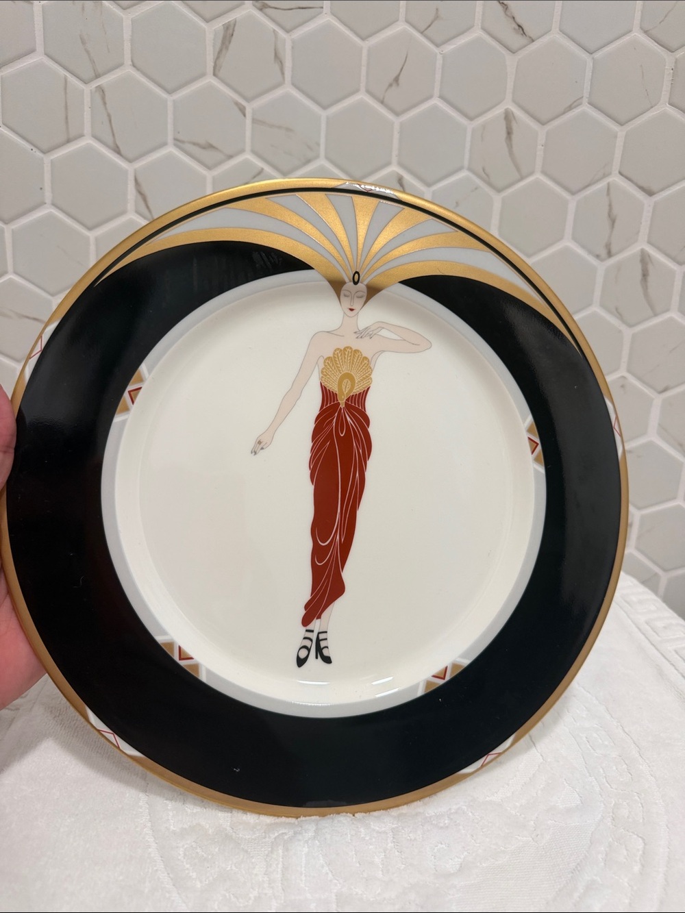 Art Deco Inspired Black and Gold Dinner Plate with Red Figure